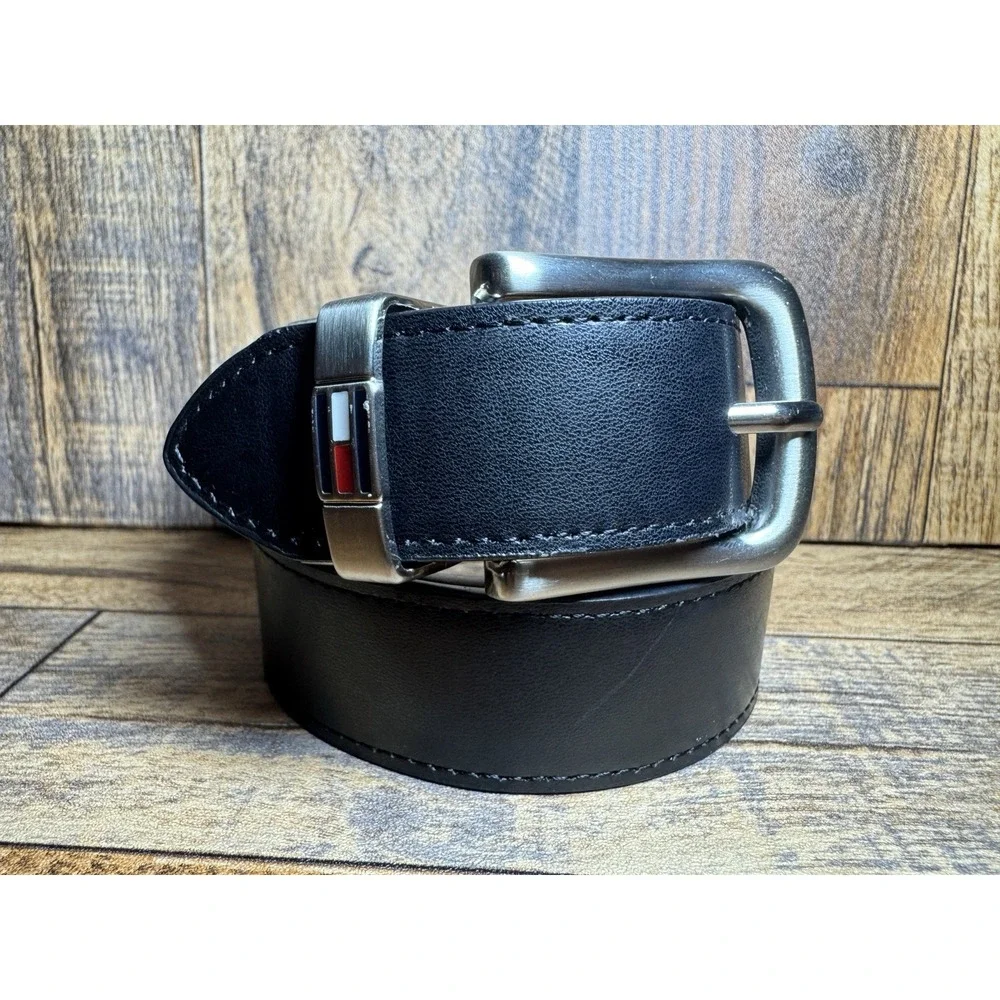 Men's Black Brown Reversible Belt Sz M‎ 26-28 Silver Buckle Tommy Hilfiger Style